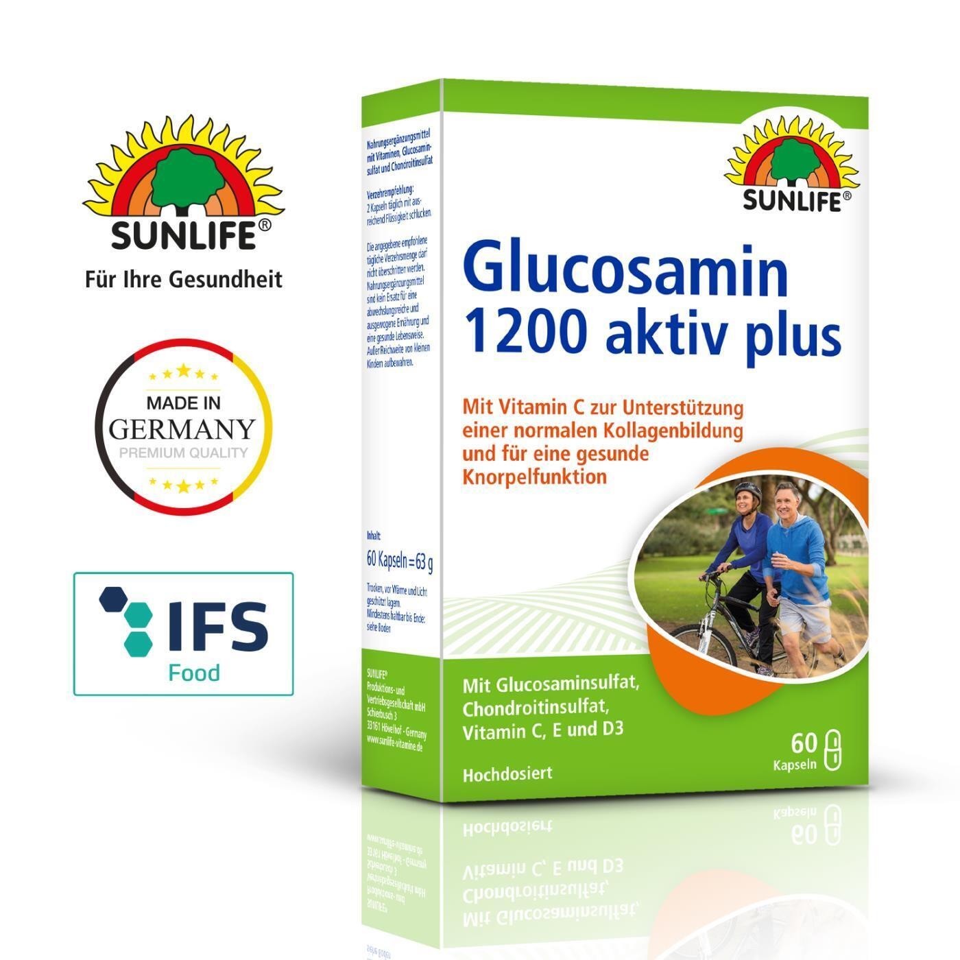 Sunlife Glucosamin 1200 aktiv plus unterstützt den Knorpel + Knochenaufbau 60 Stück